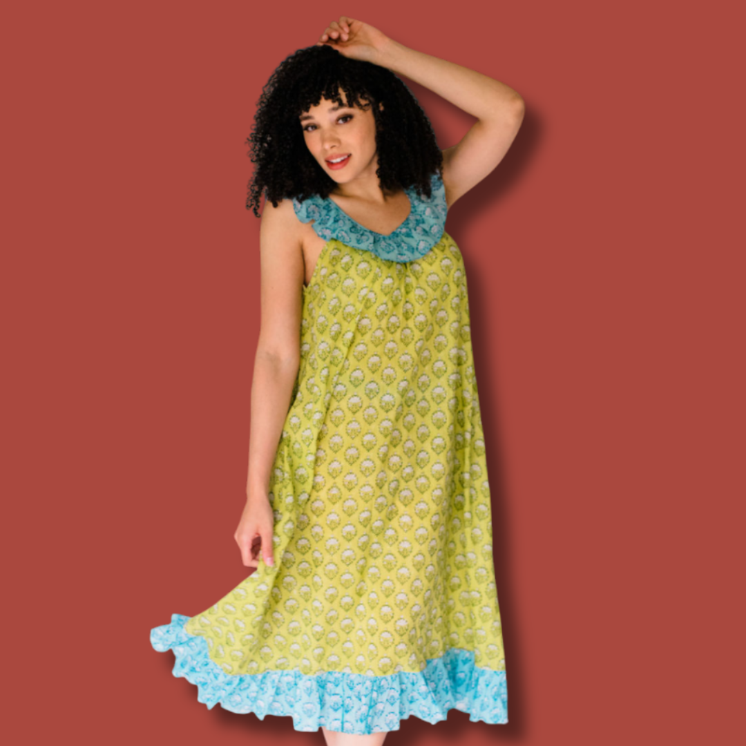 Woman wearing Sundara’s Dorothy Top – relaxed, block-printed cotton sleepwear designed for comfort and beauty.