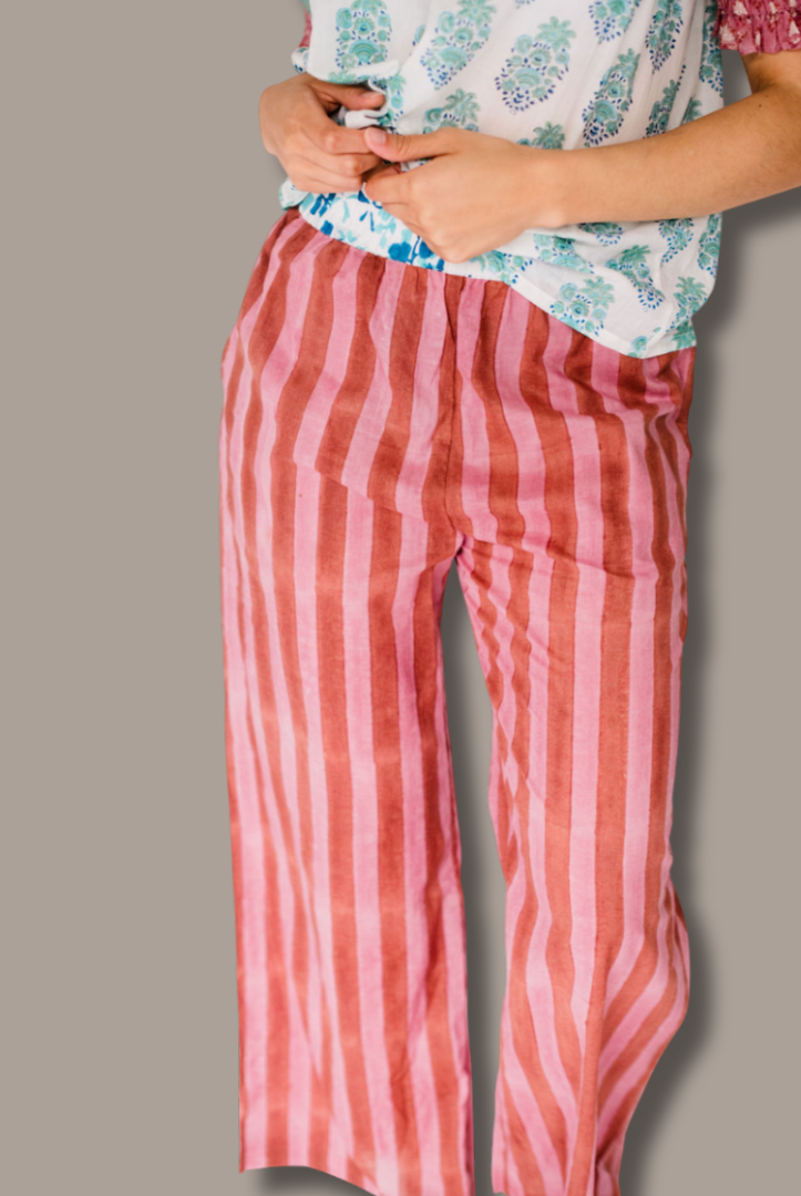 Woman wearing Logan Pant by Sundara – hand-block printed cotton sleepwear designed for effortless comfort and laid-back style