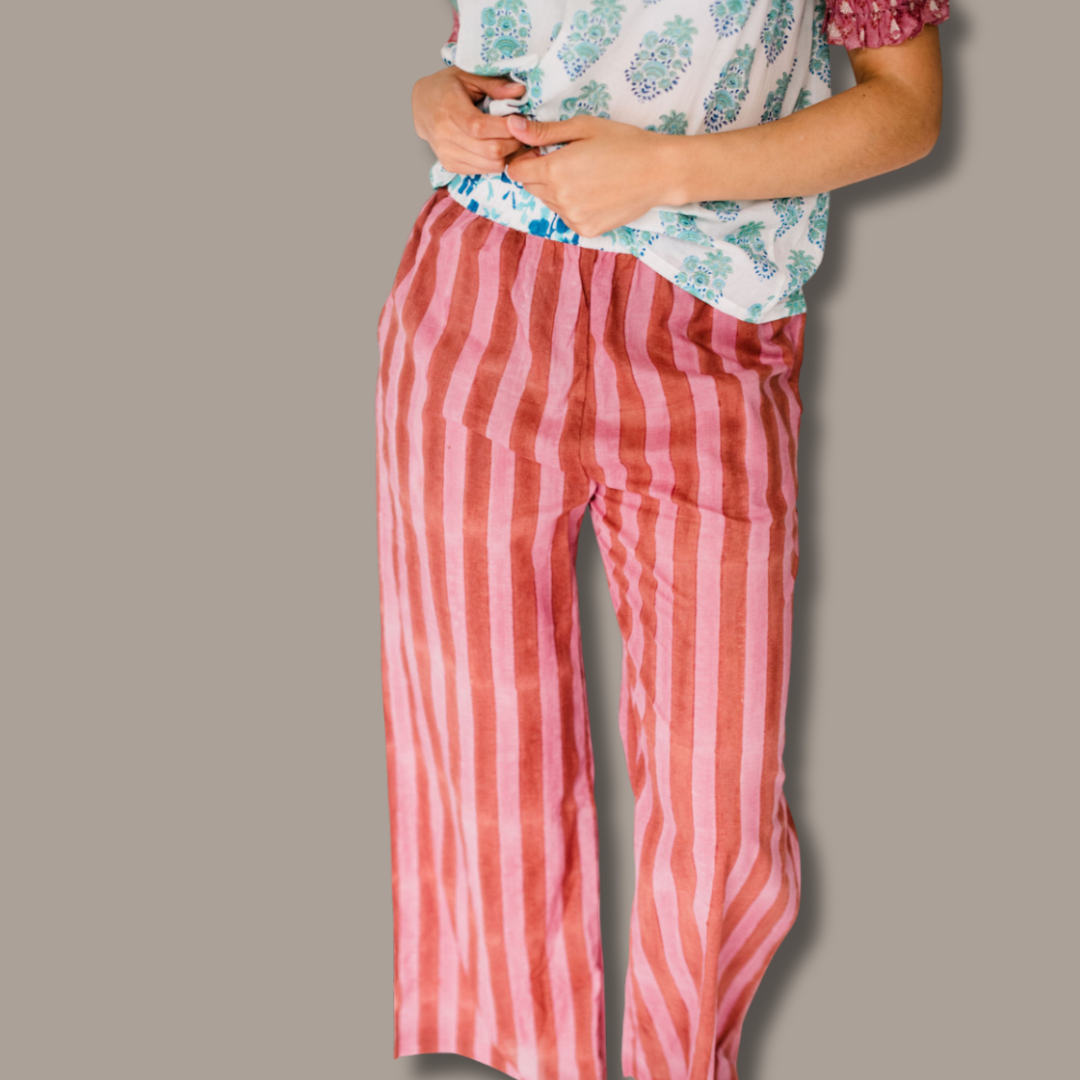 Woman wearing Logan Pant by Sundara – hand-block printed cotton sleepwear designed for effortless comfort and laid-back style