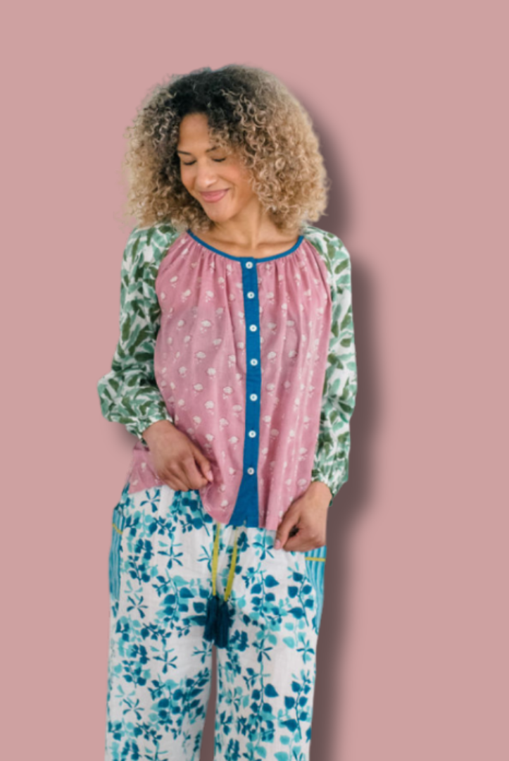 The Ryan Top and Livi Pant by Sundara – a comfortable cotton pajama set with a relaxed fit, featuring delicate block prints for ultimate comfort and style