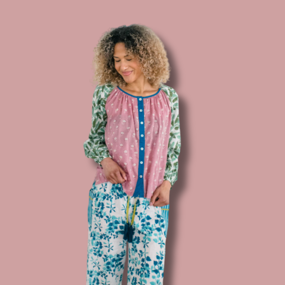 The Ryan Top and Livi Pant by Sundara – a comfortable cotton pajama set with a relaxed fit, featuring delicate block prints for ultimate comfort and style
