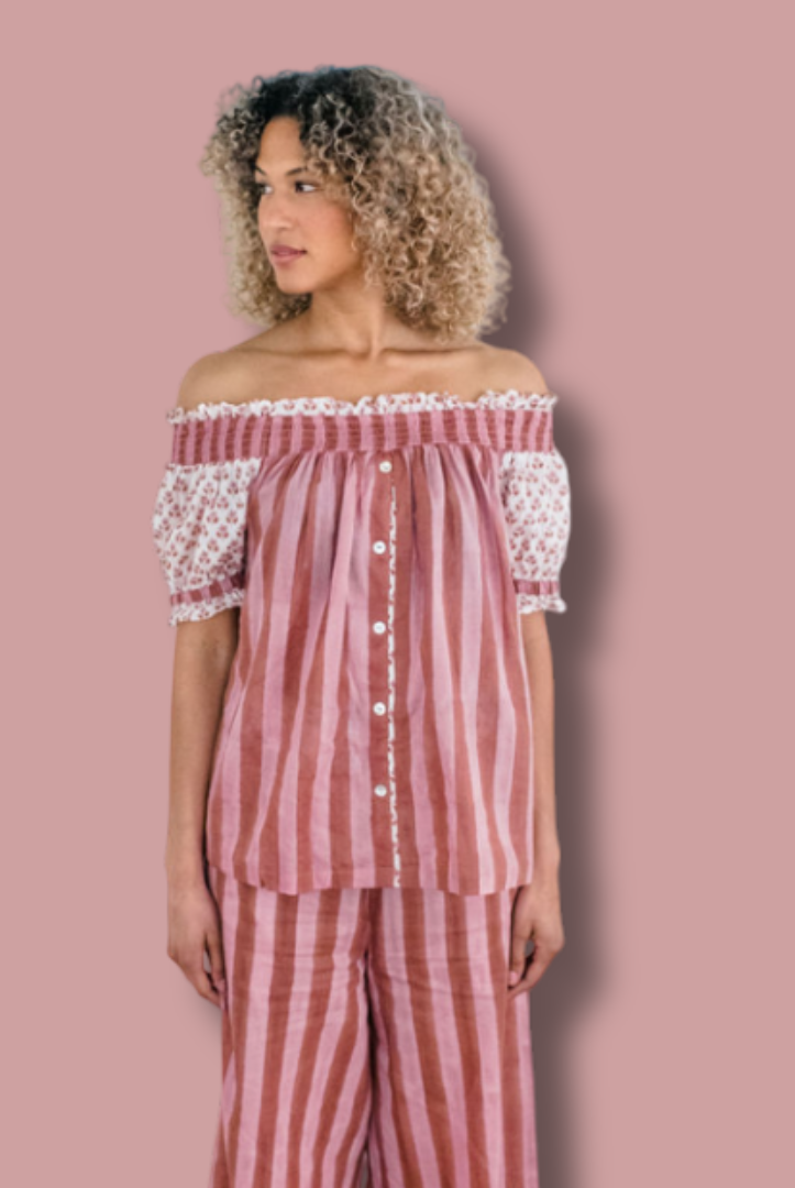 The Winnie Top and Logan Stripe Pant by Sundara – a relaxed cotton pajama set featuring delicate hand-block prints on the top and stylish striped pants for effortless comfort