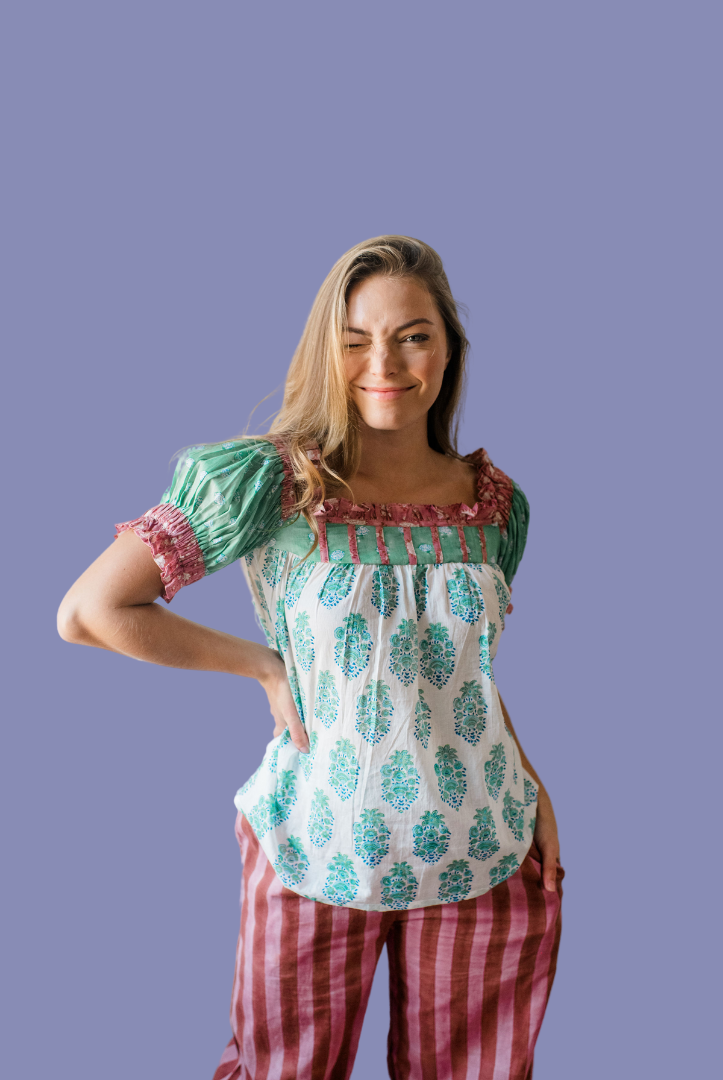 women wearing Winnie Pajama Top made of sustainable materials