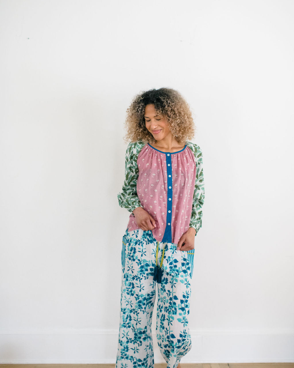 The Ryan Top and Livi Pant by Sundara – a comfortable cotton pajama set with a relaxed fit, featuring delicate block prints for ultimate comfort and style