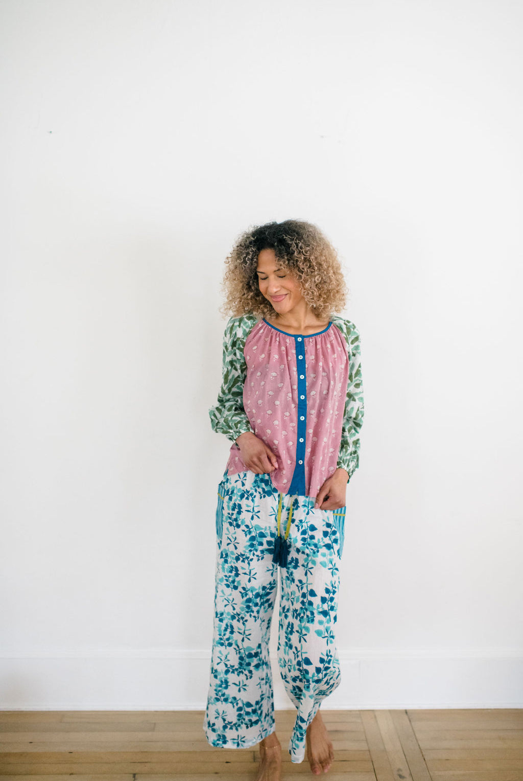 The Ryan Top and Livi Pant by Sundara – a comfortable cotton pajama set with a relaxed fit, featuring delicate block prints for ultimate comfort and style