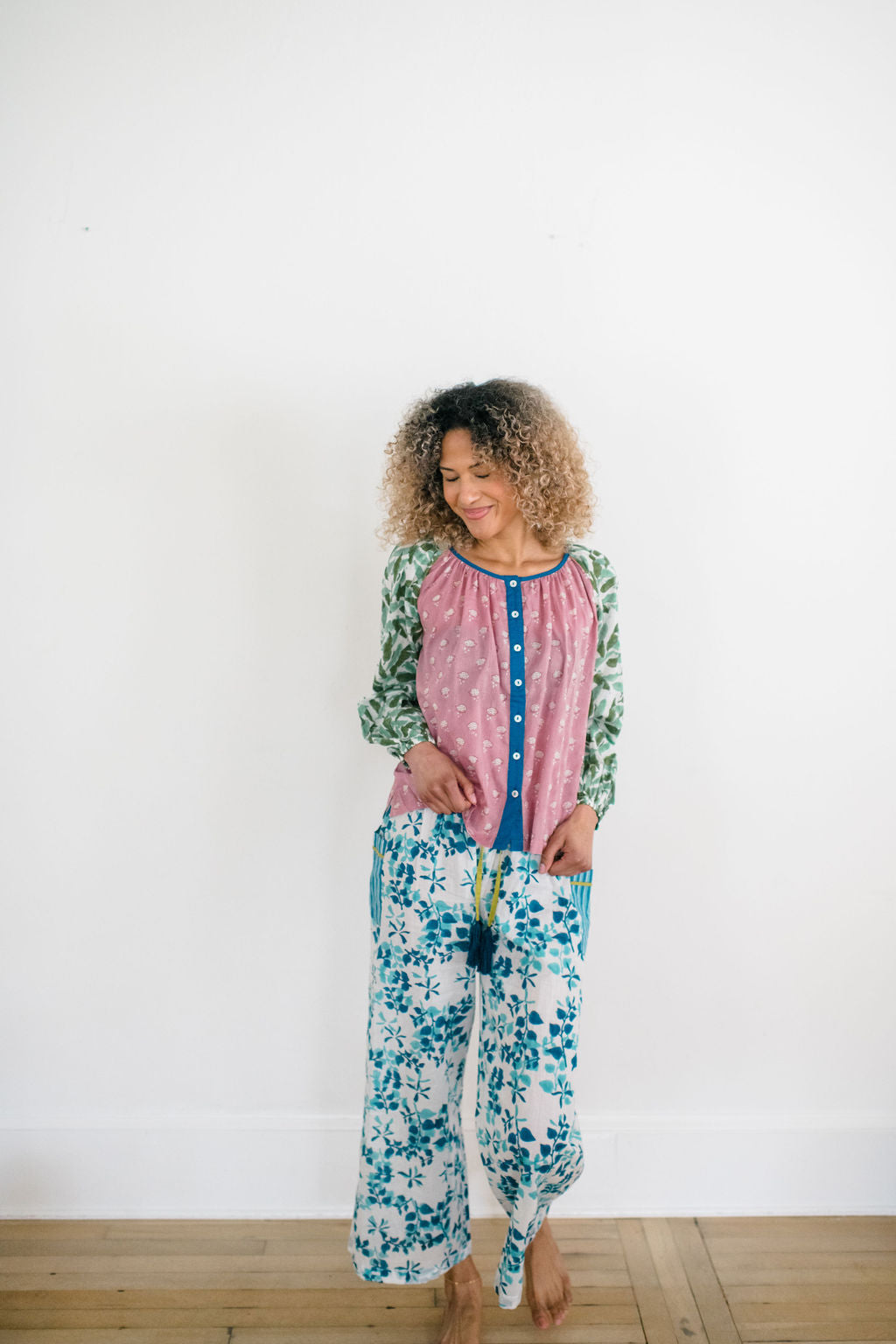 The Ryan Top and Livi Pant by Sundara – a comfortable cotton pajama set with a relaxed fit, featuring delicate block prints for ultimate comfort and style