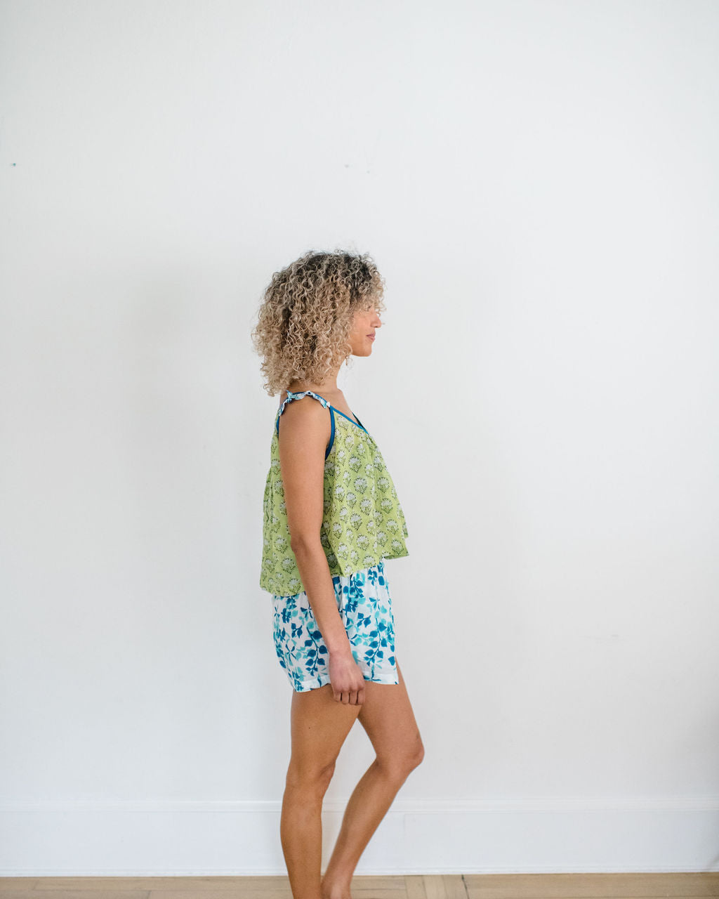 The Madi Top and Avery Sleep Shorts by Sundara – a comfortable cotton pajama set with hand-block prints, perfect for stylish and relaxed lounging