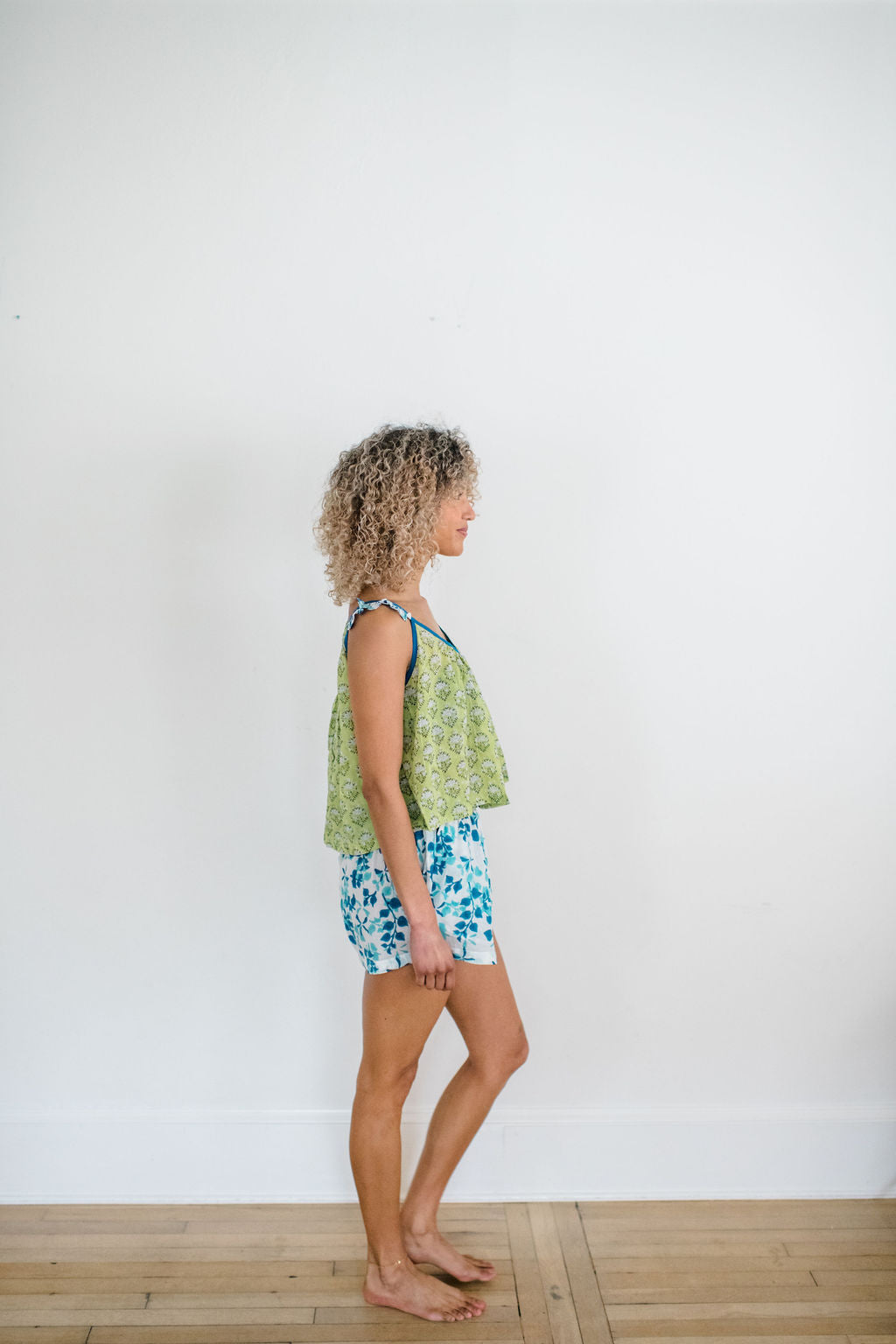 The Madi Top and Avery Sleep Shorts by Sundara – a comfortable cotton pajama set with hand-block prints, perfect for stylish and relaxed lounging