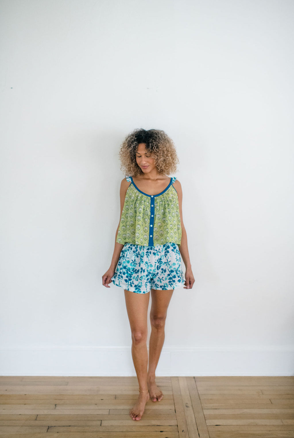 The Madi Top and Avery Sleep Shorts by Sundara – a comfortable cotton pajama set with hand-block prints, perfect for stylish and relaxed lounging