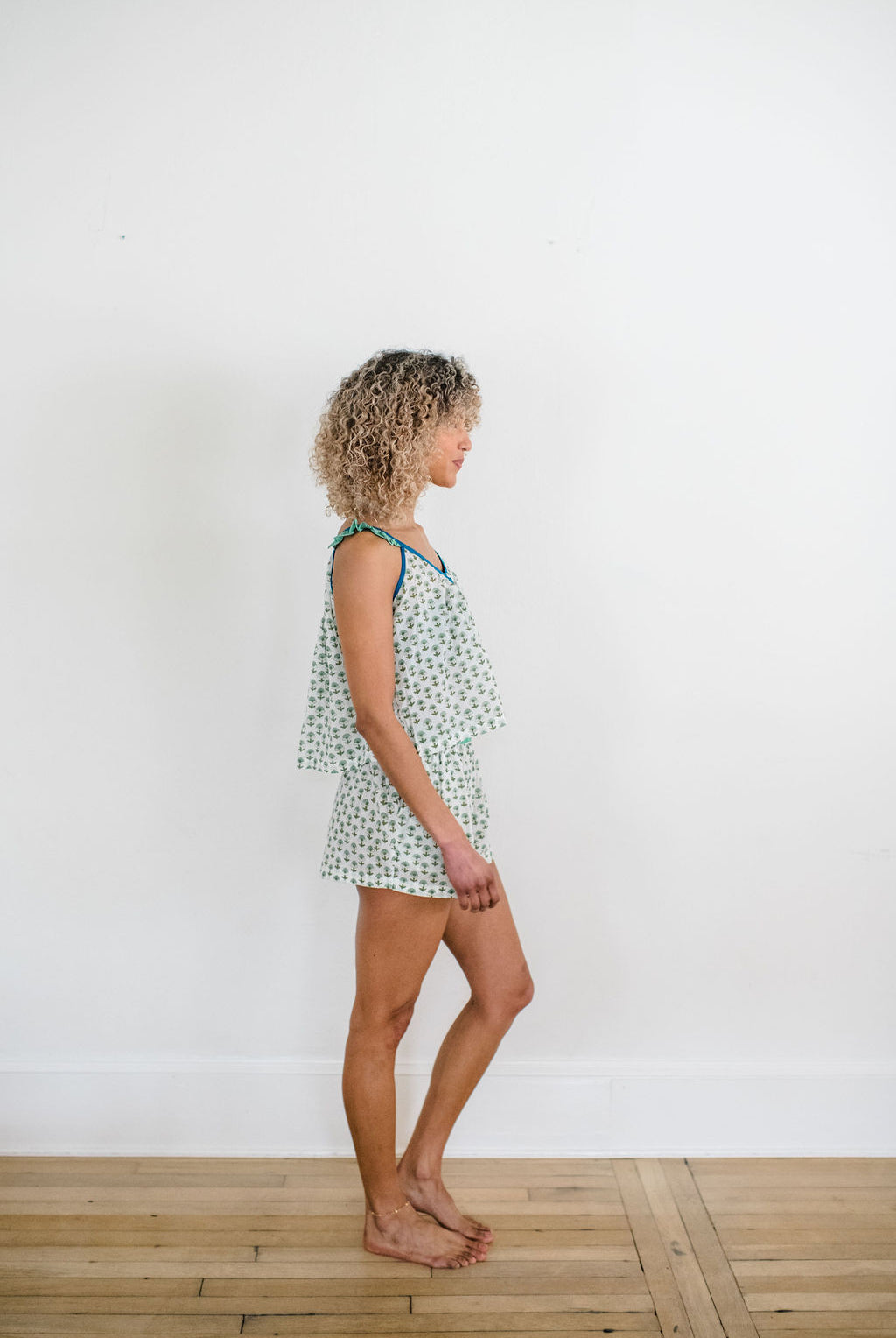 The Madi Top and Avery Sleep Shorts by Sundara – a comfortable cotton pajama set with hand-block prints, perfect for stylish and relaxed lounging
