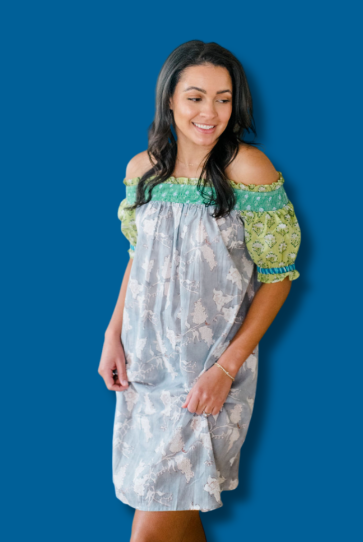 Woman wearing Sundara Graycee sleepwear nightgown made from soft organic cotton, featuring hand block-printed floral patterns. Ethically crafted loungewear from Sundara Textiles.