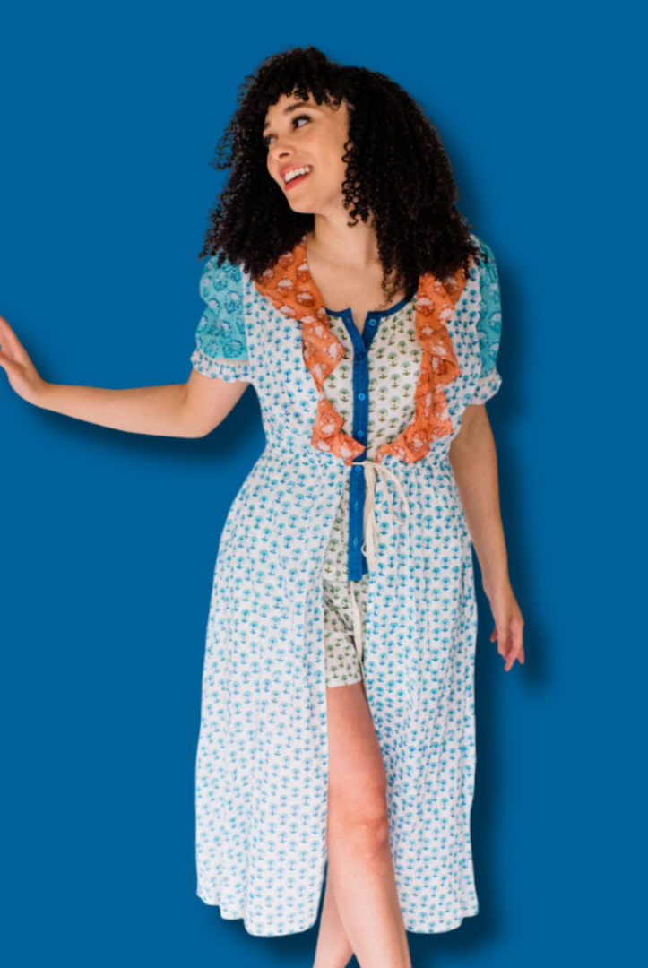 The Jeanne Robe by Sundara – a lightweight cotton robe with artisanal block prints and a relaxed belted silhouette, perfect for layering
