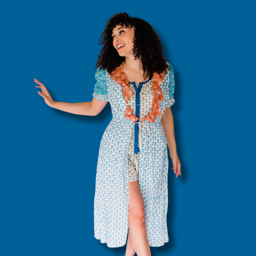 The Jeanne Robe by Sundara – a lightweight cotton robe with artisanal block prints and a relaxed belted silhouette, perfect for layering