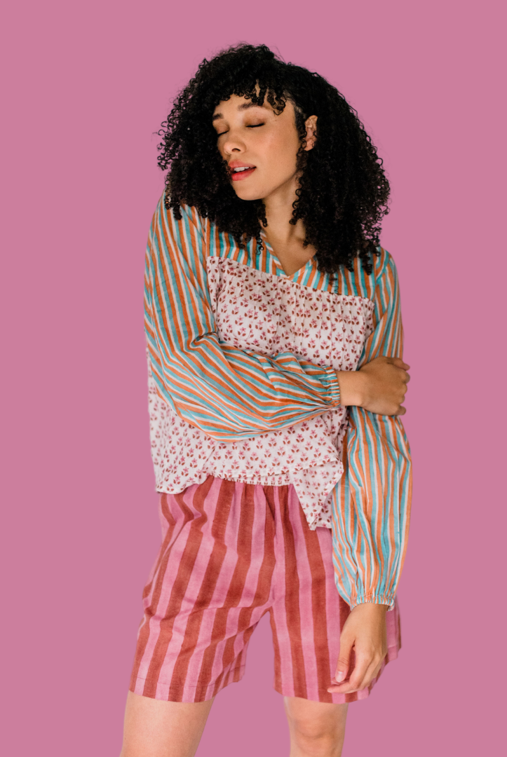 The Lauren top and Jae Sleep Short, featuring an airy silhouette and delicate hand-printed detail for effortless comfort