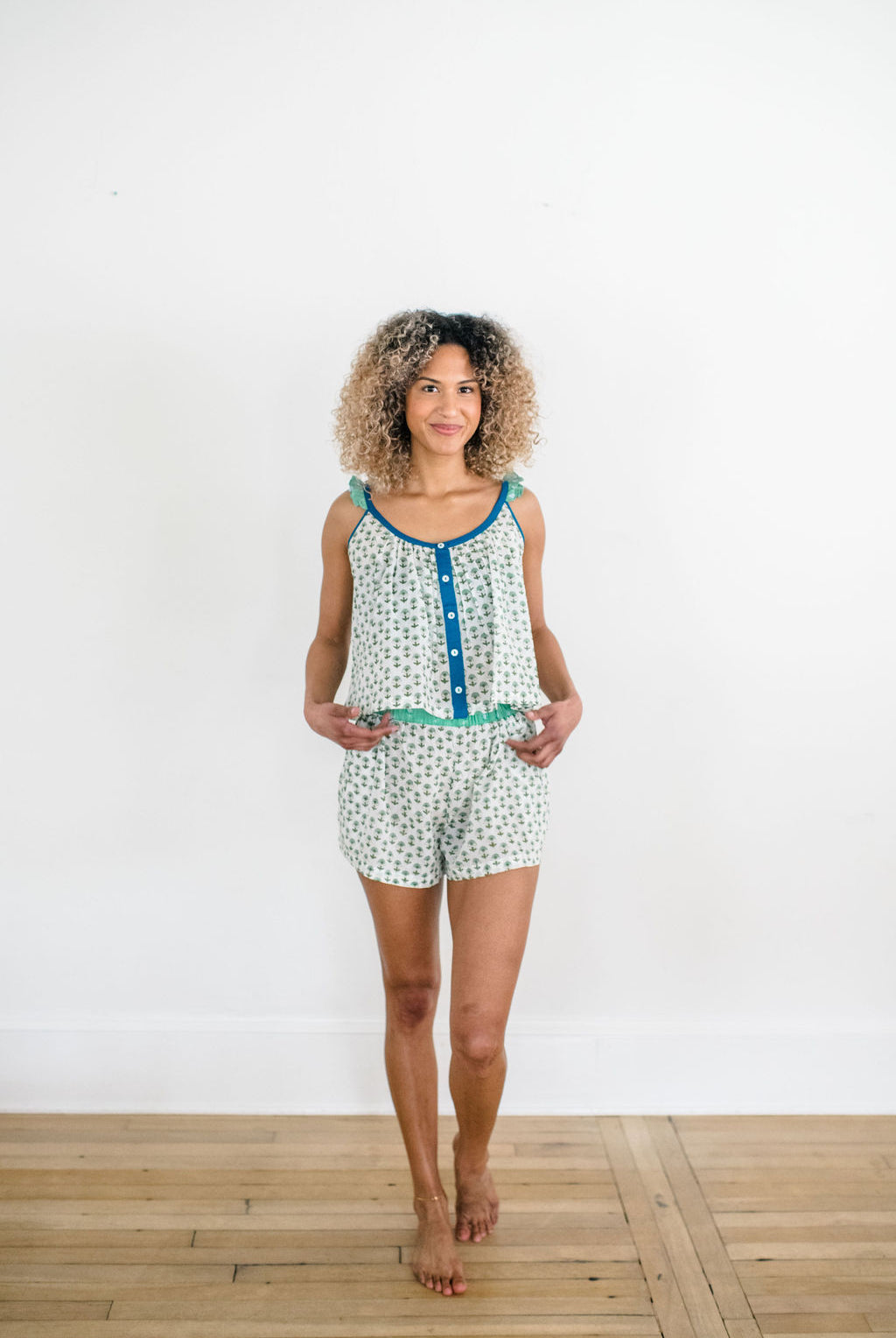 The Madi Top and Avery Sleep Shorts by Sundara – a comfortable cotton pajama set with hand-block prints, perfect for stylish and relaxed lounging