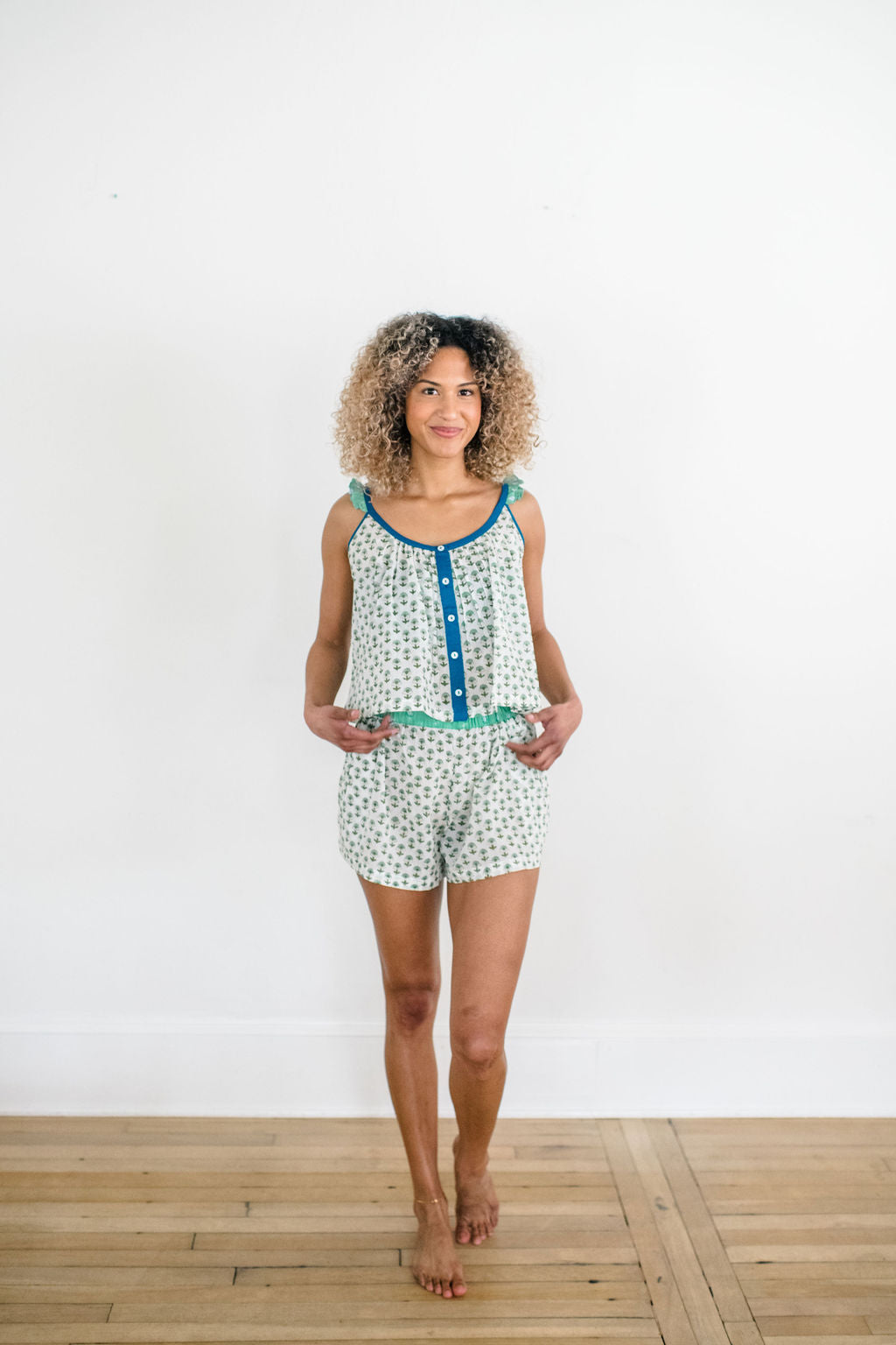 The Madi Top and Avery Sleep Shorts by Sundara – a comfortable cotton pajama set with hand-block prints, perfect for stylish and relaxed lounging