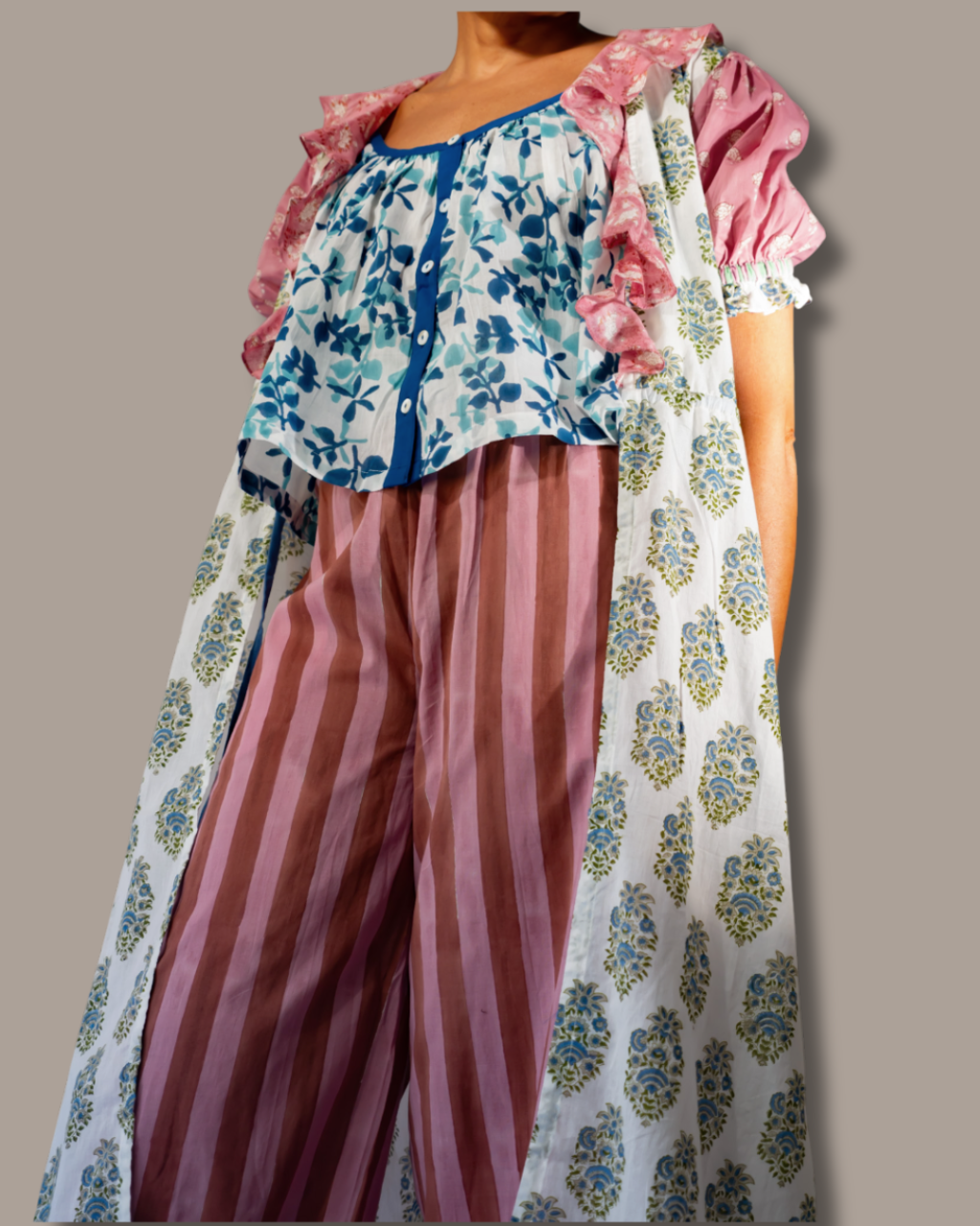 The Madi Top, Logan Pant, and Jeanne Robe by Sundara – a stylish, comfortable sleepwear trio featuring artisanal block prints and a relaxed, cozy fit perfect for lounging or sleeping