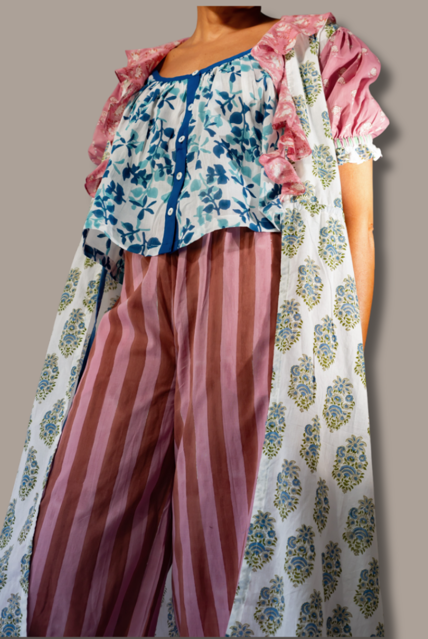 The Madi Top, Logan Pant, and Jeanne Robe by Sundara – a stylish, comfortable sleepwear trio featuring artisanal block prints and a relaxed, cozy fit perfect for lounging or sleeping
