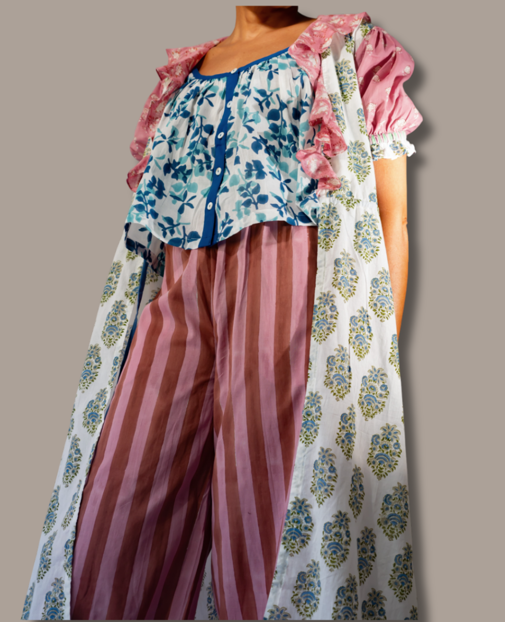 The Madi Top, Logan Pant, and Jeanne Robe by Sundara – a stylish, comfortable sleepwear trio featuring artisanal block prints and a relaxed, cozy fit perfect for lounging or sleeping