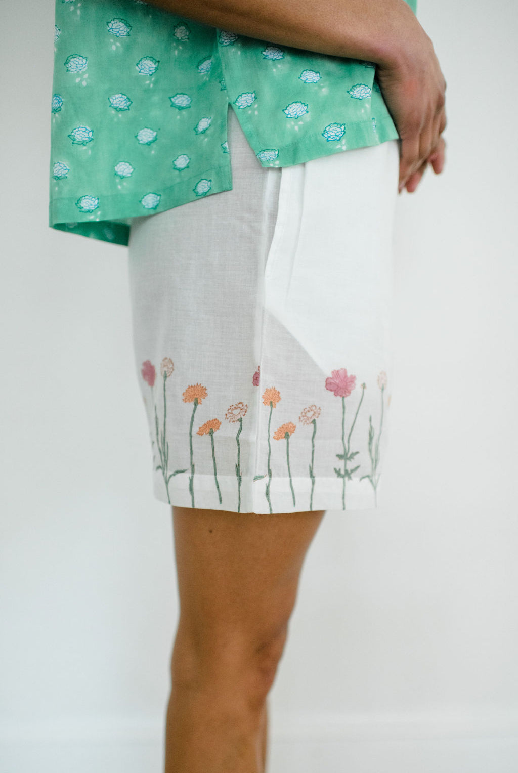 Woman wearing the Dorothy Top and Jae Short by Sundara – comfortable cotton sleepwear with hand-block prints, offering relaxed style and effortless comfort.