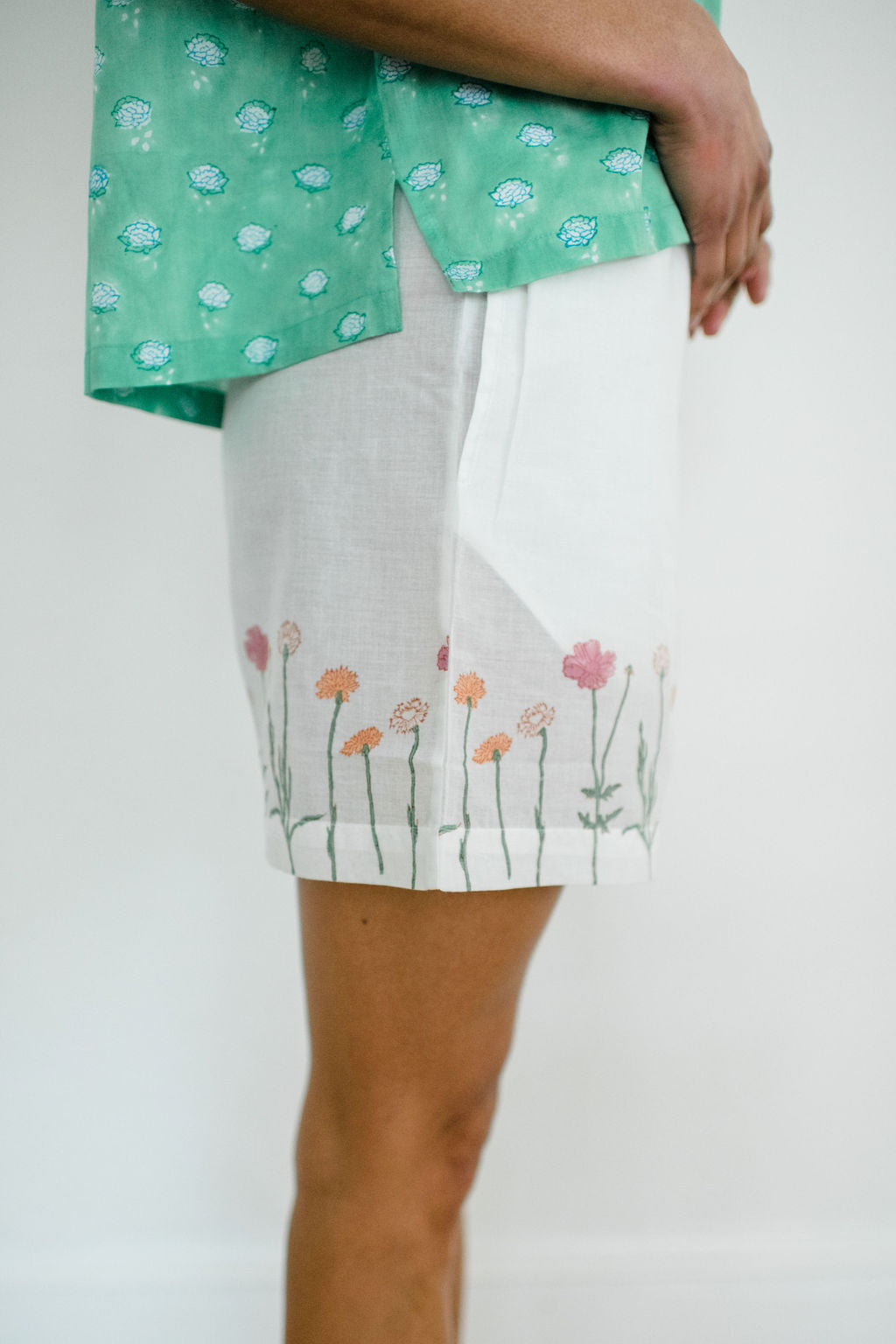 Woman wearing the Dorothy Top and Jae Short by Sundara – comfortable cotton sleepwear with hand-block prints, offering relaxed style and effortless comfort.