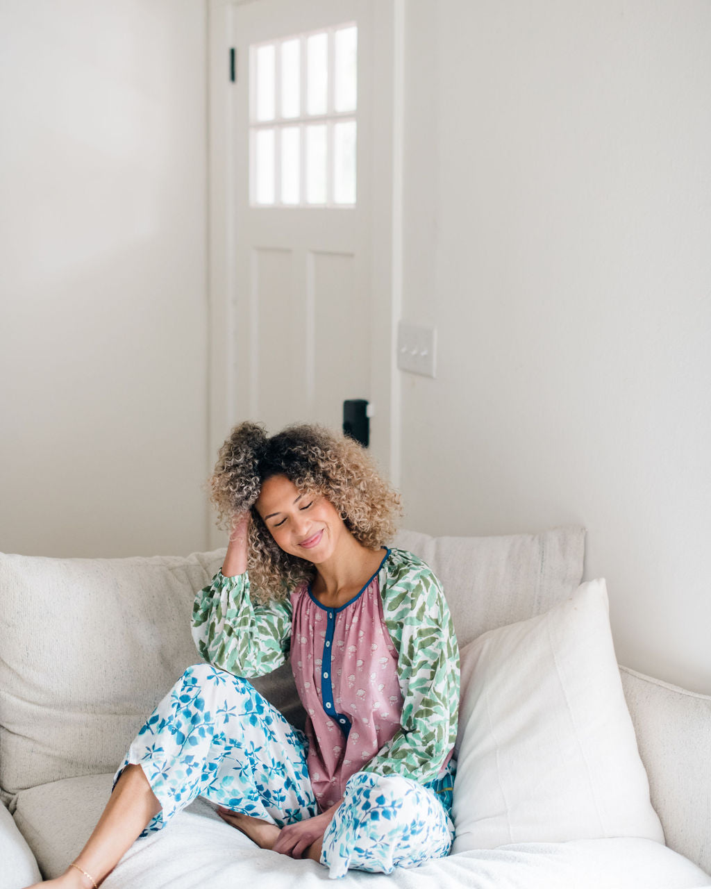 The Ryan Top and Livi Pant by Sundara – a comfortable cotton pajama set with a relaxed fit, featuring delicate block prints for ultimate comfort and style