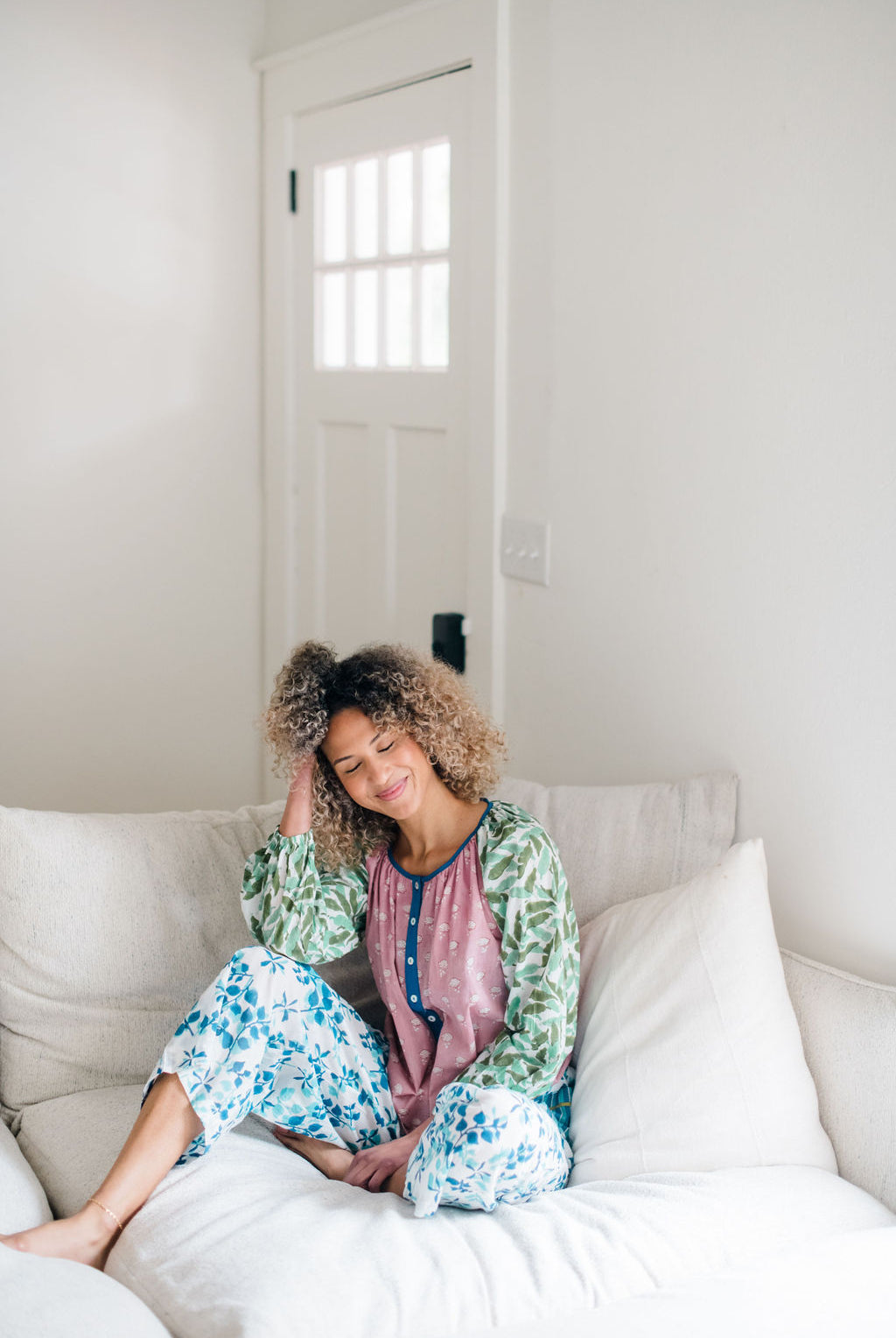 The Ryan Top and Livi Pant by Sundara – a comfortable cotton pajama set with a relaxed fit, featuring delicate block prints for ultimate comfort and style