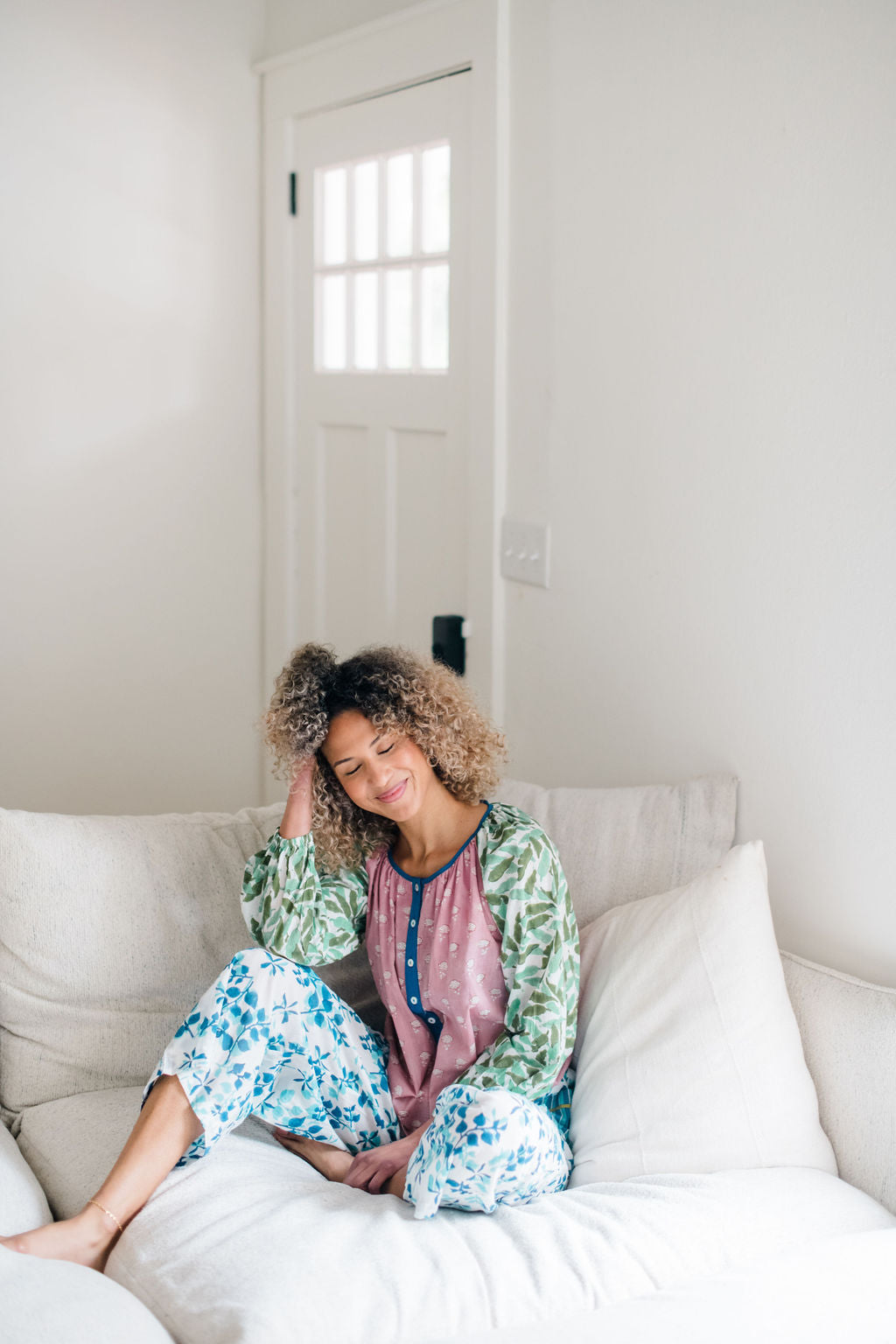 The Ryan Top and Livi Pant by Sundara – a comfortable cotton pajama set with a relaxed fit, featuring delicate block prints for ultimate comfort and style