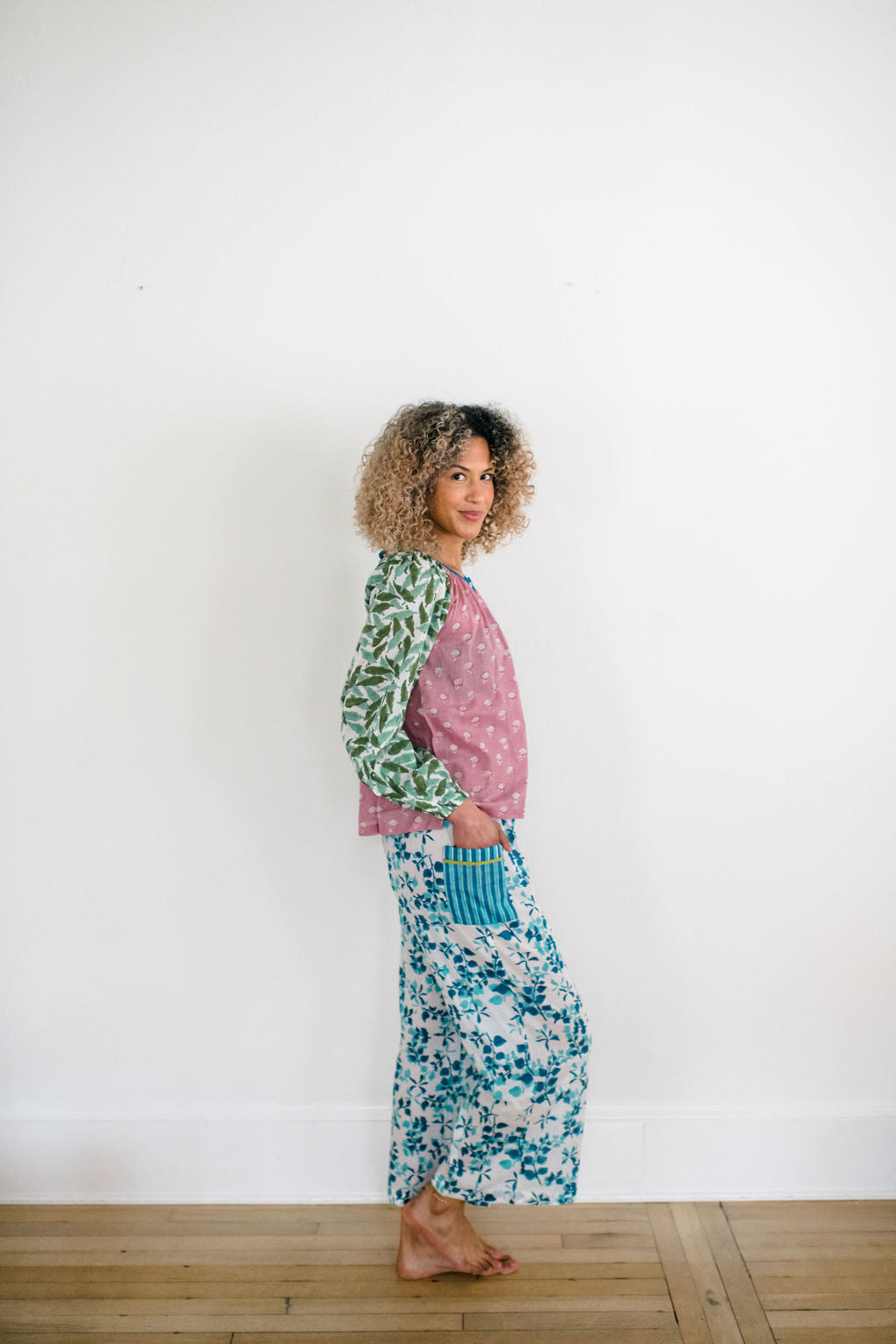 The Ryan Top and Livi Pant by Sundara – a comfortable cotton pajama set with a relaxed fit, featuring delicate block prints for ultimate comfort and style