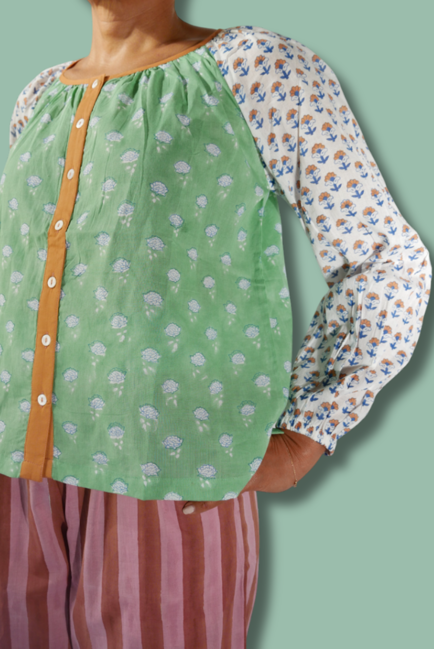 The Ryan Top and Logan Pant by Sundara – a relaxed cotton pajama set featuring a comfortable top with block print details and soft, cozy pants for ultimate comfort.