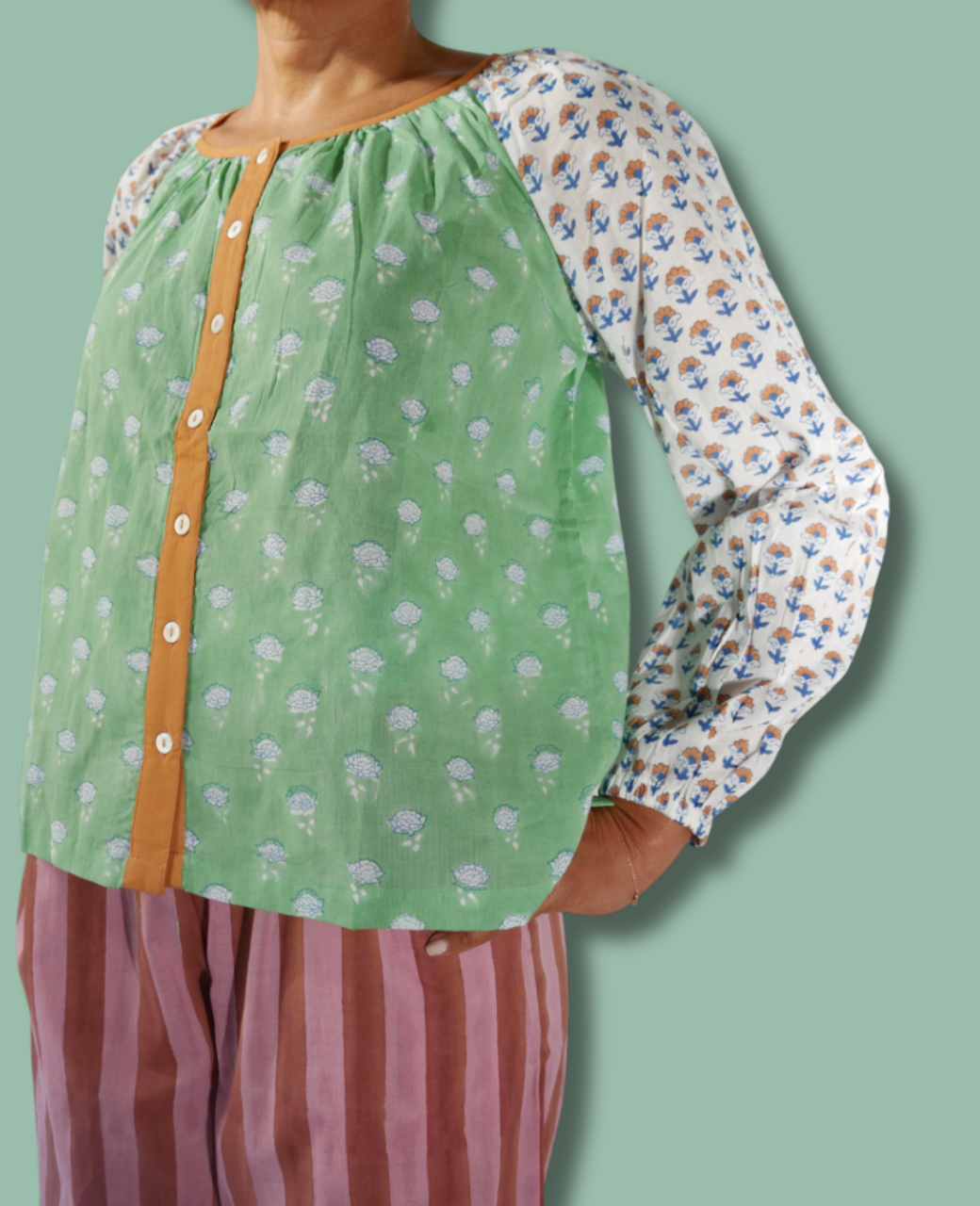 The Ryan Top and Logan Pant by Sundara – a relaxed cotton pajama set featuring a comfortable top with block print details and soft, cozy pants for ultimate comfort.