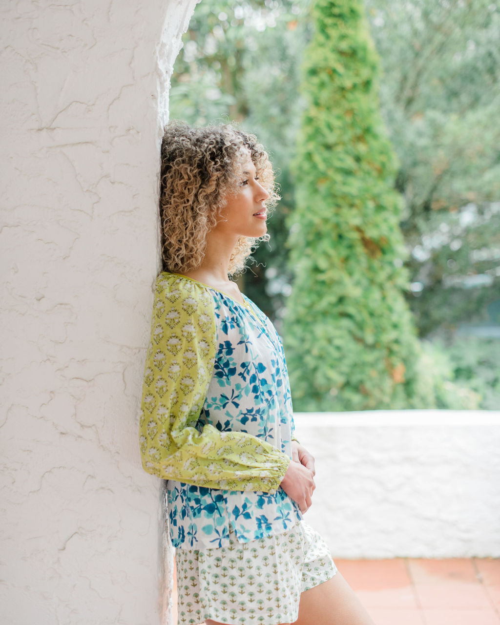“The Ryan Top and Avery Sleep Shorts by Sundara – a breathable cotton pajama set with relaxed fit and hand-block prints, perfect for laid-back lounging.