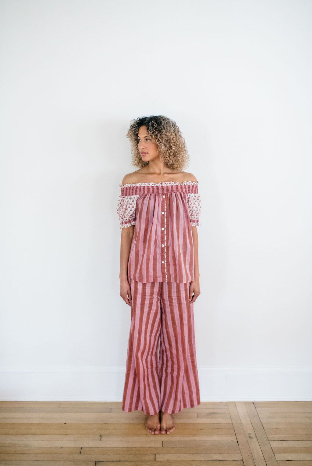 Woman wearing Sundara block printed pajamas