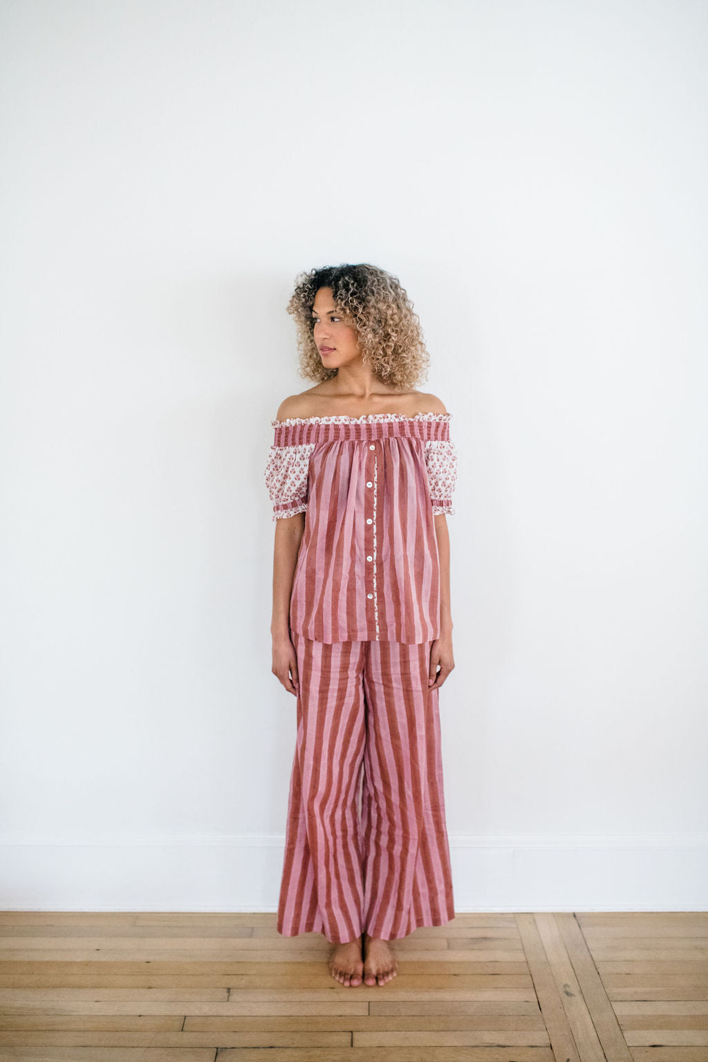 Woman wearing Sundara block printed pajamas