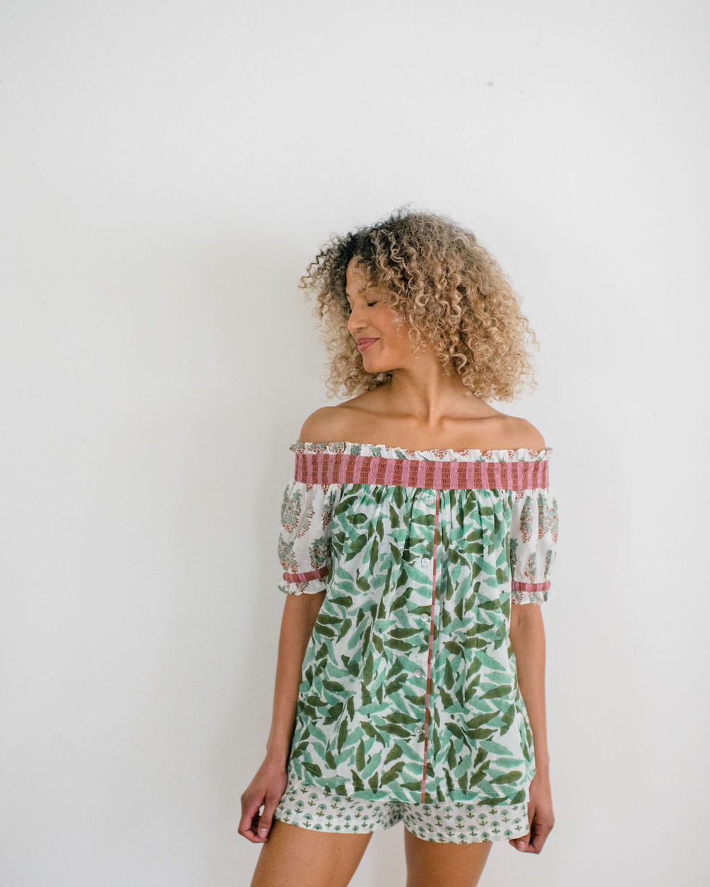 The Winnie Top by Sundara – a relaxed-fit cotton pajama top with delicate hand-block printing for effortless everyday comfort