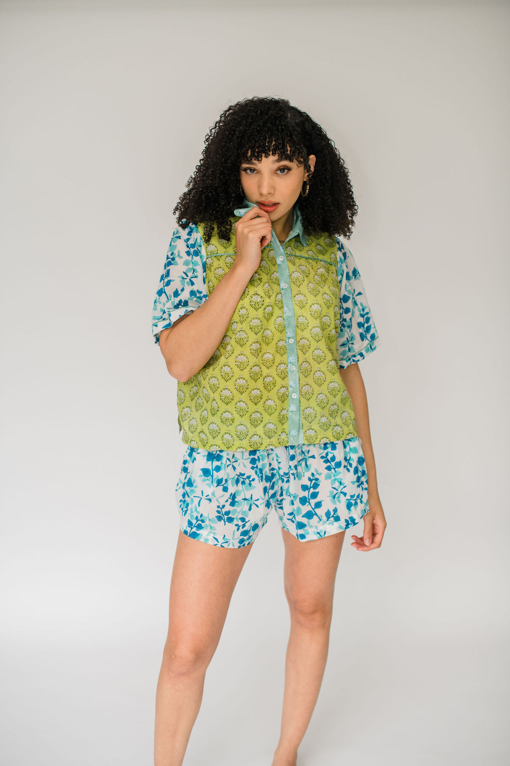 The Dorothy Top by Sundara – a lightweight cotton blouse with artisanal block prints, featuring puff sleeves and a relaxed, feminine fit