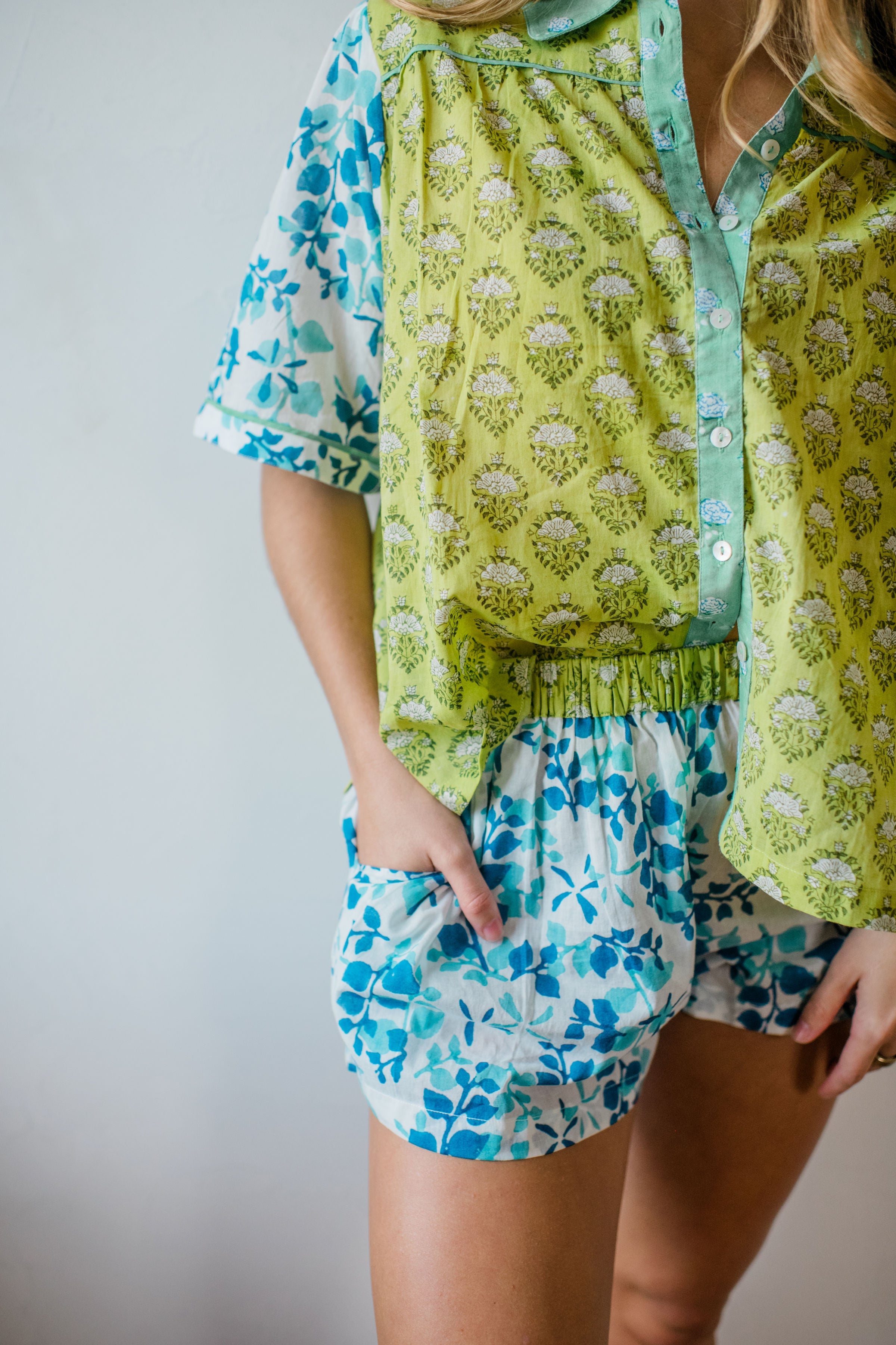 Woman wearing blue and teal Avery Pajama Shorts