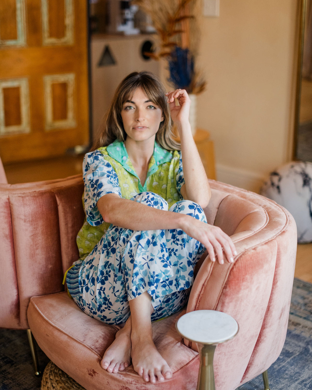 woman sitting comfortably in chair wearing Livi Pajama Pant
