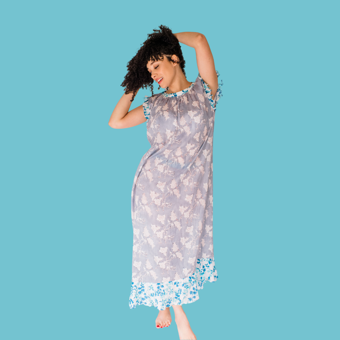 woman wearing hand block printed Mae Nightgown