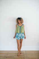 The Madi Top and Avery Sleep Shorts by Sundara – a comfortable cotton pajama set with hand-block prints, perfect for stylish and relaxed lounging