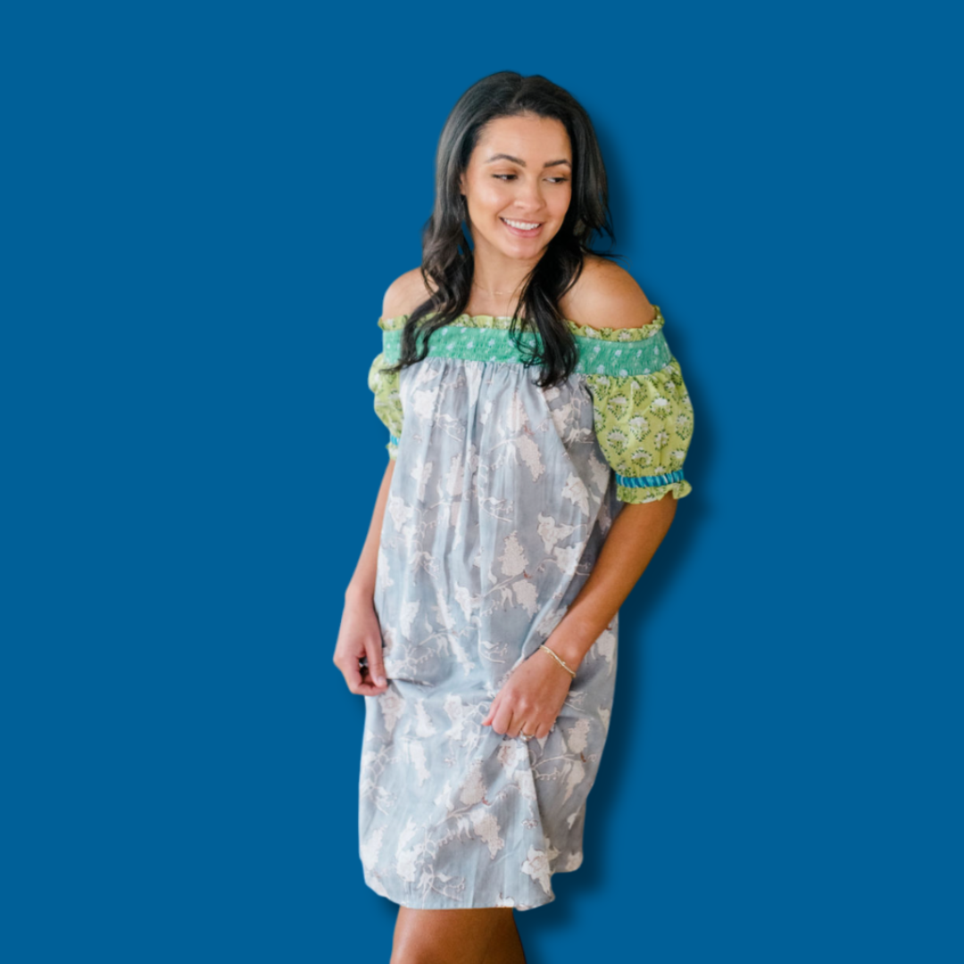 Woman wearing Sundara Graycee sleepwear nightgown made from soft organic cotton, featuring hand block-printed floral patterns. Ethically crafted loungewear from Sundara Textiles. 