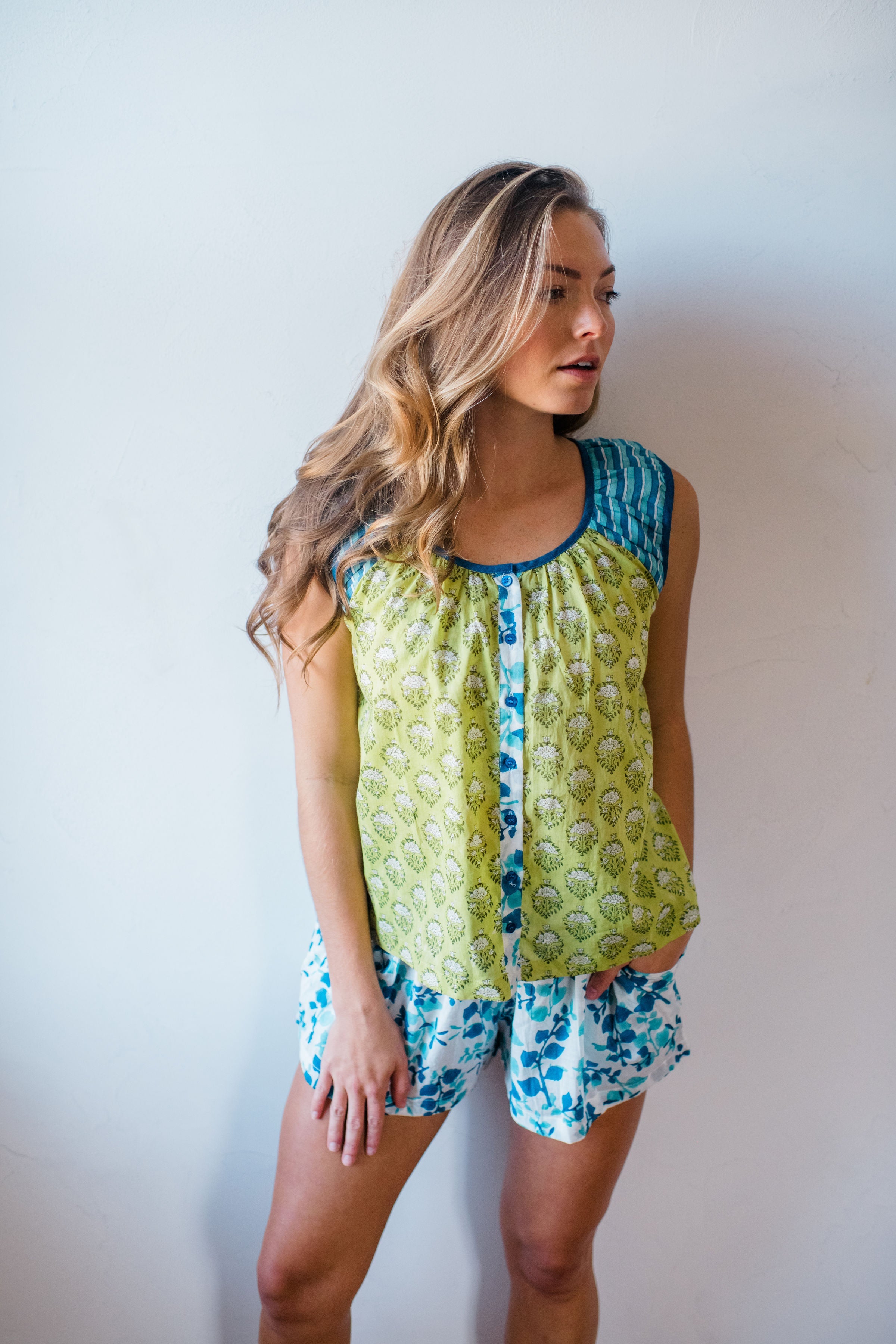 Woman wearing ethically produced Avery Pajama Shorts
