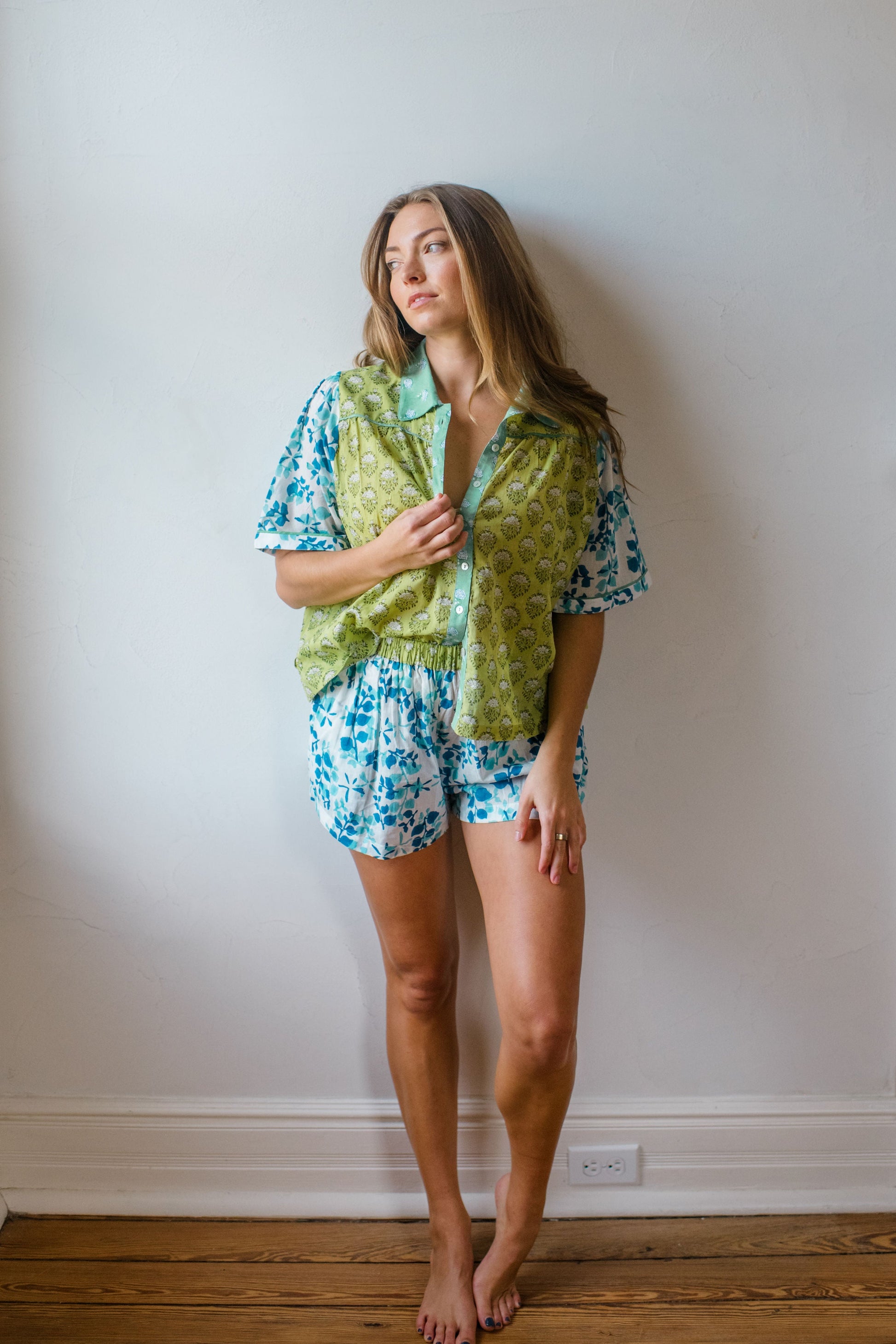 woman wearing Dorothy hand block printed pajama top